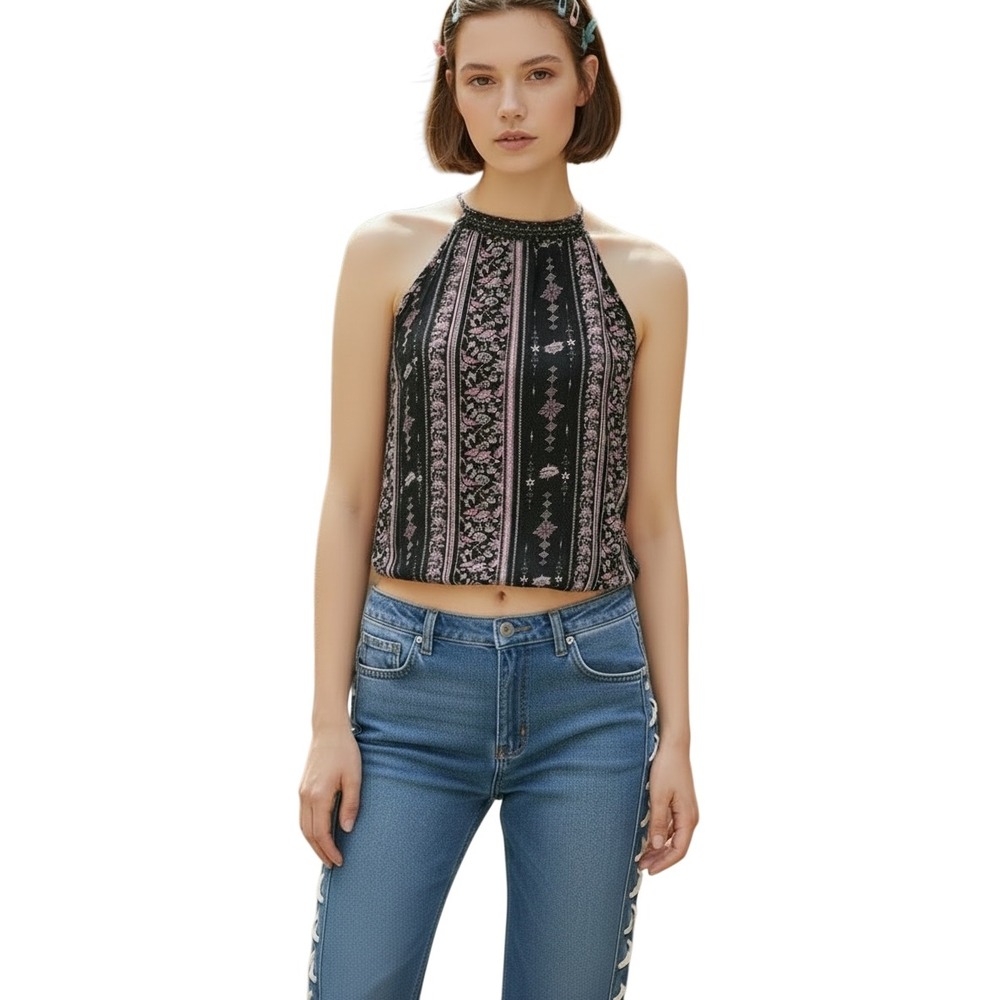 Mudd Womens Halter Top Black Pink‎ Floral Boho Lace Trim Y2K Sleeveless Blouse L
